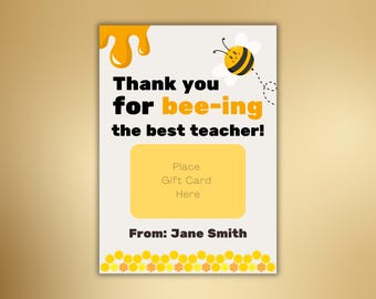 Editable Gift Card Holder | Teacher | Thank You For Bee-ing The Best Teacher | Party Gift Teachers | Gift Ideas | End of School | Canva |