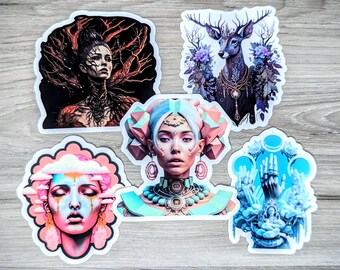 Artistic Style Stickers, Vinyl Sticker Set, Deer, Woman Face, Eccentric Figure, Abstract Stickers