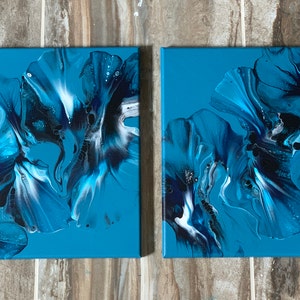 Set di due dipinti acrilici originali, pour olandese, arte fluida, arte murale astratta su due tele 12 x 12
