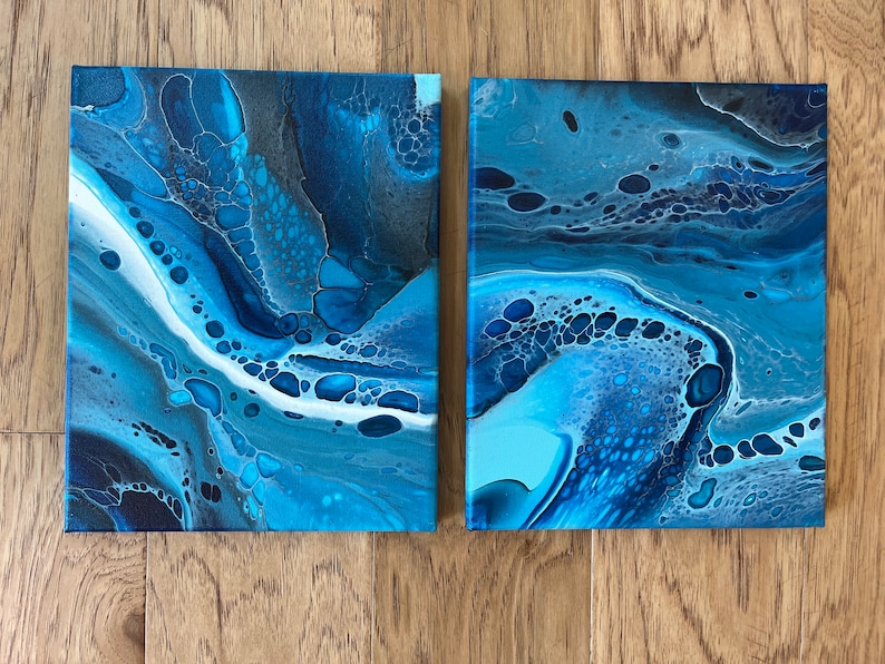 Set of Two Original, Acrylic Pour Paintings, Fluid Art, Abstract Wall
