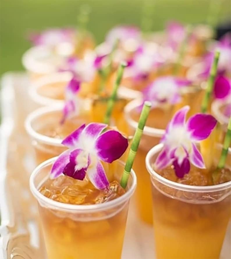 Puede incluir: Primer plano de varios vasos de pl&aacute;stico transparente llenos de una bebida de color &aacute;mbar claro. Cada vaso est&aacute; adornado con una vibrante orqu&iacute;dea morada y blanca y una pajita verde con forma de bamb&uacute;. Las bebidas est&aacute;n dispuestas sobre una bandeja blanca.