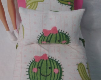 3pc Cactus Bedding Set Made for Barbie 1:6 Scale 12" Dolls Blanket Pillows