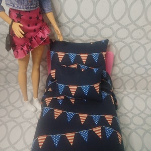 3pc 4th of July Bedding Set Made for 1:6 Scale 12&quot; Doll Dollhouse Decor Blanket Pillows