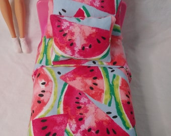 3pc Watermelon Bedding Set Made for Barbie 1:6 Scale 12" Dolls Blanket Pillows