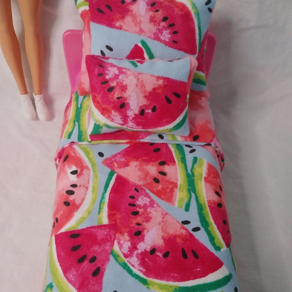 3pc Watermelon Bedding Set Made for Barbie 1:6 Scale 12" Dolls Blanket Pillows