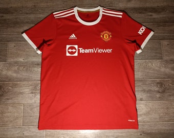 Manchester United FC MUFC England adidas 2021/22 red white football soccer sports men's uniform shirt jersey knitwear size XL