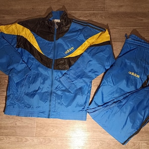 Vintage adidas 1990s black blue yellow men&#39;s training running sports jacket pants tracksuit jersey knitwear size M/L GB/UK 40/42