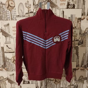 Op de afbeelding: Bordeauxkleurig sweatshirt met ritssluiting, lichtblauwe strepen over de borst en een embleem. De sweatshirt heeft een hoge kraag en lange mouwen. De achtergrond is behang met afbeeldingen van New York.
