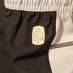 May include: Black and white athletic shorts with a white waistband and a black label that says "New Era Authentic Official Licensed Product ECO Fabric".