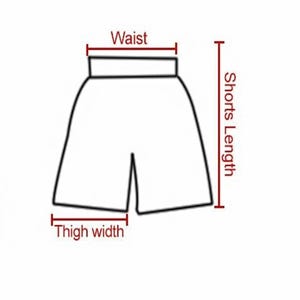 May include: Line drawing of shorts with measurements for waist, thigh width, and shorts length.