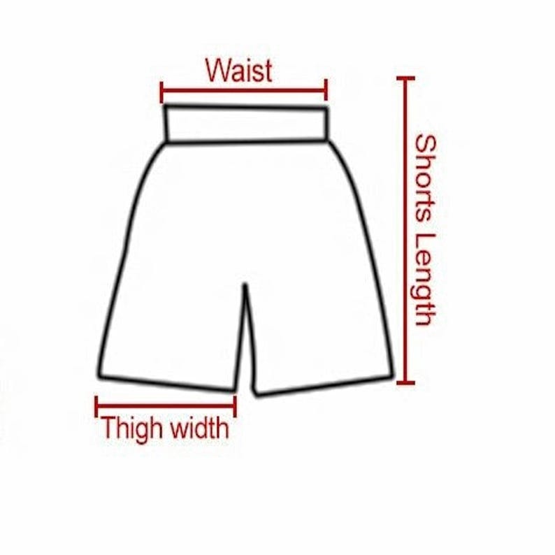 May include: Line drawing of shorts with measurements for waist, thigh width, and shorts length.