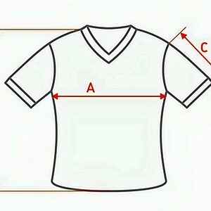 Puede incluir: Dibujo de l&iacute;nea de una camiseta con medidas etiquetadas como A, B y C. A es el ancho de la camiseta, B es la longitud de la camiseta y C es la longitud de la manga.