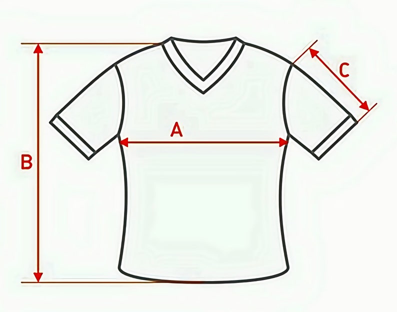 Puede incluir: Dibujo de l&iacute;nea de una camiseta con medidas etiquetadas como A, B y C. A es el ancho de la camiseta, B es la longitud de la camiseta y C es la longitud de la manga.