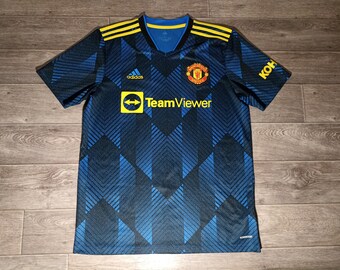 Manchester United FC MUFC England adidas 2021/22 blue yellow football soccer sports men's uniform shirt jersey knitwear size L