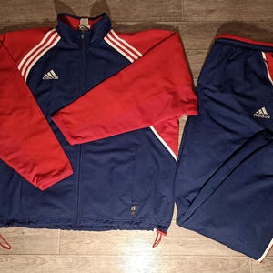 Vintage adidas 1990s blue red white men&#39;s training running sports jacket pants tracksuit jersey knitwear size XL/2XL GB/UK 48/50
