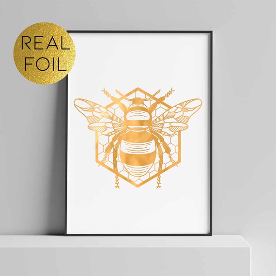 Hexagon Honey Bee Geometric Foil Print Home Artwork Etsy