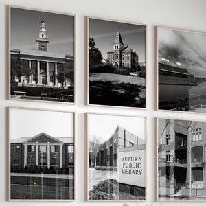 Auburn, Alabama, set van 6 stadsprints – Auburn University zwart-wit 6-delige muurkunstprints – digitale download appartementdecorgalerij
