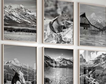 Grand Teton National Park Wyoming Minimalist Set of 6 Prints – Black and White Photo 6 Piece Wall Art Travel Instant Download Gallery Poster