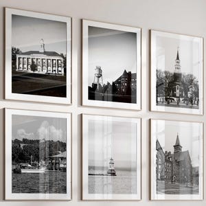 Set minimalista di 6 stampe di Burlington Vermont - VT USA Foto in bianco e nero 6 pezzi Wall Art - Galleria di poster con download istantaneo di viaggio - Regalo