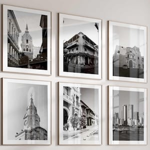 Conjunto de 6 impresiones de la ciudad de Cartagena, Colombia: fotografía de arte de pared en blanco y negro de 6 piezas de Cartagena, Colombia: galería de descarga digital de Bolívar, regalo