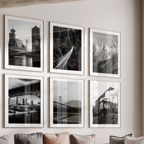 Vancouver Canada Set of 6 Prints - Vancouver Canada Black & White Photo 6 Piece Wall Art - Vancouver Travel Digital Poster Gallery Printable