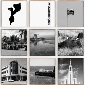 Fotografía en blanco y negro de Mozambique Square, 9 piezas de arte de pared – Juego de 9 impresiones de mapas de Mozambique – Descarga digital Decoración de pared para apartamento