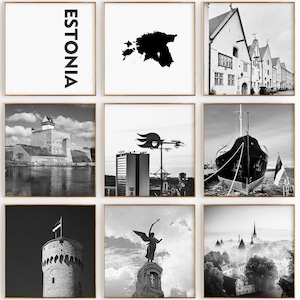 Fotografía en blanco y negro de Estonia, 9 piezas de arte de pared – Juego de 9 impresiones de mapas de Estonia – Descarga digital, carteles de galería, decoración de pared