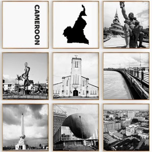 Conjunto de 9 fotografías en blanco y negro de Camerún: impresión de mapas de Camerún, 9 piezas de arte de pared, galería de descarga digital, regalo de decoración del hogar de Camerún