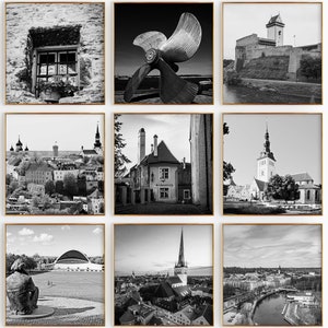 Conjunto de 9 fotografías en blanco y negro de Estonia Square – Arte de pared estético de Estonia de 9 piezas – Galería de descarga digital Decoración del hogar Regalo de inauguración de la casa