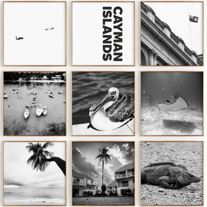 Conjunto de 9 fotografías en blanco y negro de las Islas Caimán: impresión de mapas de las Islas Caimán, arte de pared de 9 piezas, galería de descarga digital, decoración del hogar, regalo