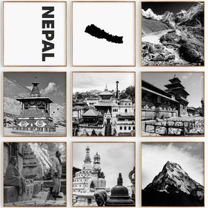 Conjunto de 9 fotografías en blanco y negro de Nepal Square: impresión de mapas de Nepal, 9 piezas de arte de pared: galería de descarga digital instantánea, regalo de decoración del hogar de Nepal