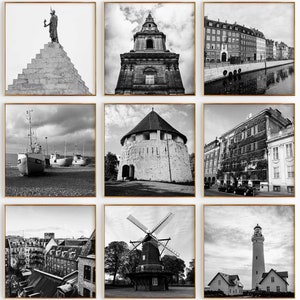 Conjunto de 9 fotografías en blanco y negro de Dinamarca: impresión de mapas de Dinamarca, 9 piezas de arte de pared: galería de descargas digitales estéticas, decoración del hogar, regalo