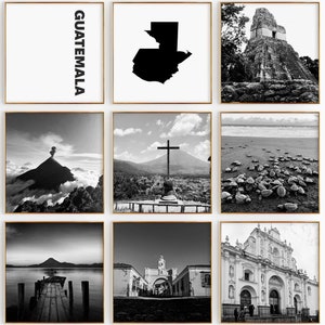 Guatemala Quadratische Schwarz-Weiß-Fotografie 9-teilige Wandkunst - Guatemala Kartendruck Set von 9 Drucken Set von 9 Drucken - Digitaler Download Galeriewanddekor