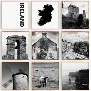 Fotografía en blanco y negro de Ireland Square, 9 piezas de arte de pared: juego de 9 impresiones con mapas de Irlanda: descarga digital, carteles de galería, decoración de pared