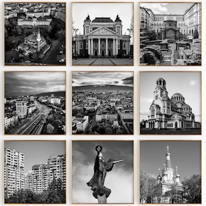 Conjunto de 9 impresiones de la ciudad de Sofía, Bulgaria: impresiones de arte de pared en blanco y negro de 9 piezas de Sofía, Bulgaria: galería de fotos con descarga digital, regalo