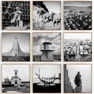 Reykjavik, Islandia - Conjunto minimalista de 9 impresiones cuadradas - Fotografía en blanco y negro - Arte de pared de 9 piezas - Pósteres de galería de descarga instantánea para viajes - Regalo