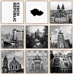 Conjunto de 9 fotografías en blanco y negro de la plaza de la República Checa: impresión de mapas de Chequia, 9 piezas de arte de pared: galería de descarga digital instantánea, decoración del hogar, regalo
