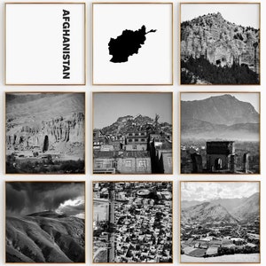 Fotografía en blanco y negro de Afganistán, 9 piezas de arte de pared: juego de 9 impresiones con mapa de Afganistán, descarga digital, galería, carteles, regalo