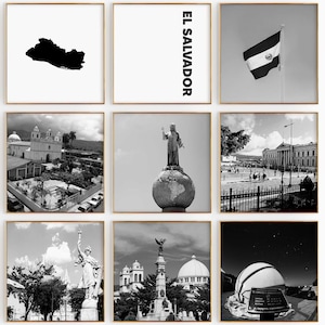 Fotografía en blanco y negro de la plaza de El Salvador, 9 piezas de arte de pared – Juego de 9 impresiones con mapa de El Salvador – Descarga digital Galería de decoración de pared