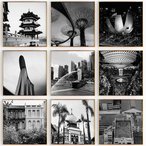 Cuadro de arte de pared imprimible con fotografía en blanco y negro de la plaza de Singapur estética, 9 piezas, conjunto de 9 impresiones para decoración de apartamentos, regalo de descarga digital de moda
