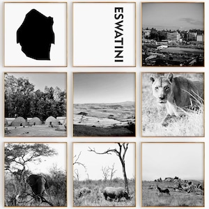 Conjunto de 9 fotografías en blanco y negro de Eswatini: impresión de mapas, 9 piezas de arte de pared de Eswatini: galería de descarga digital, decoración del hogar de Eswatini, regalo