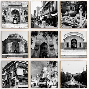 Conjunto de 9 impresiones de la ciudad de Lahore, Pakistán: impresiones de arte de pared en blanco y negro de 9 piezas de Lahore, Pakistán: galería de fotos con descarga digital, regalo