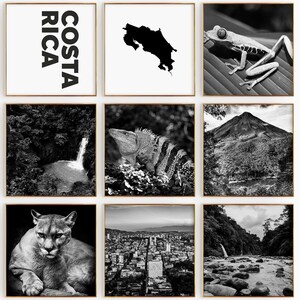 Conjunto de 9 fotografías en blanco y negro de Costa Rica: impresión de mapas de Costa Rica, 9 piezas de arte de pared, descarga digital instantánea, galería, decoración del hogar, regalo