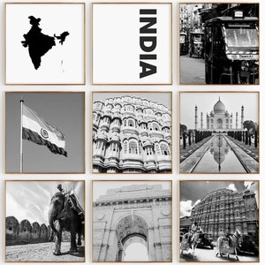 Fotografía en blanco y negro de 9 piezas de arte de pared con cuadrados de India: juego de 9 impresiones con mapas de India: descarga digital, carteles de galería, decoración de pared