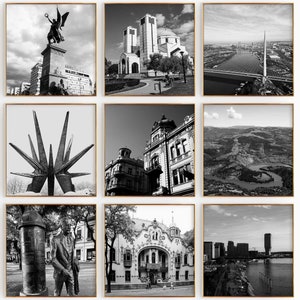 Fotografía en blanco y negro de la plaza de Serbia, 9 piezas de arte de pared – Juego de 9 impresiones con mapa de Serbia – Descarga digital, carteles de galería, decoración de pared