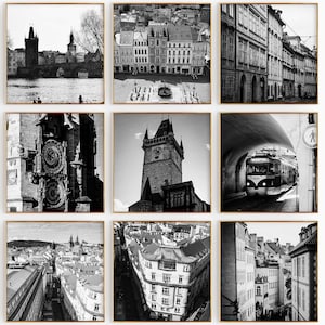 Conjunto de 9 fotografías en blanco y negro de la República Checa: impresión de mapas, 9 piezas de arte mural de la República Checa, galería de descarga digital, decoración de pared para el hogar, regalo