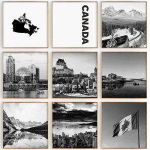Conjunto de 9 fotografías en blanco y negro de Canada Square: impresión de mapas de Canadá, 9 piezas de arte de pared: galería de descarga digital, decoración del hogar, apartamento de Canadá, regalo
