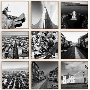 Reykjavik, Islandia - Conjunto de 9 impresiones de ciudades cuadradas - Reykjavik, Islandia - 9 impresiones de arte de pared en blanco y negro - Galería de fotos con descarga digital
