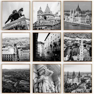 Conjunto minimalista de 9 impresiones cuadradas de Hungría: Budapest, Hungría, fotografía en blanco y negro, 9 piezas, arte de pared, pósteres de galería de descarga instantánea de viajes