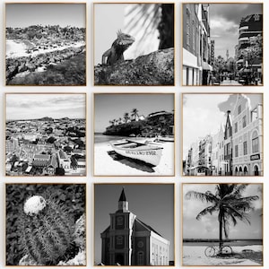 Fotografía en blanco y negro de la plaza de Curazao, 9 piezas de arte de pared – Juego de 9 impresiones con el mapa de Curazao – Descarga digital, carteles de galería, decoración de pared